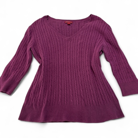 Merona Women's Cable Knit V-Neck Sweater 3/4 Length Sleeve Plum Purple Size Medi - Picture 1 of 6